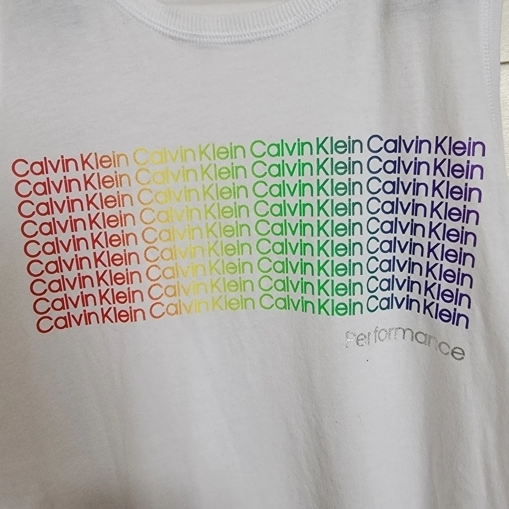 Calvin Klein Rainbow White Logo Crew Neck Muscle Tee Tank Top XS - Picture 4 of 6